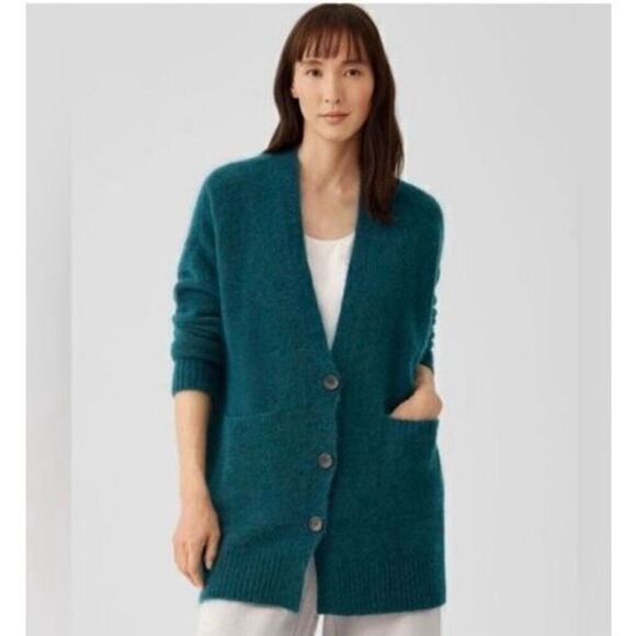 Eileen Fisher Wommen's XXS Organic Cotton Longline Button Front Cardigan Teal - Picture 6 of 12